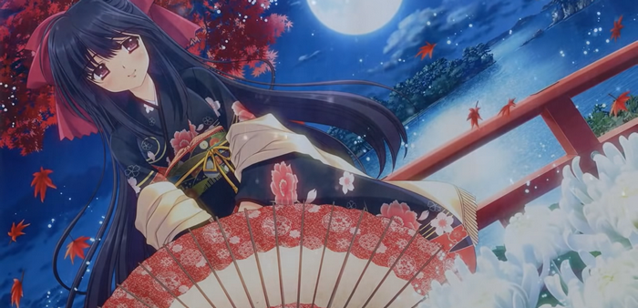 Anime girl in kimono with fan under the moon