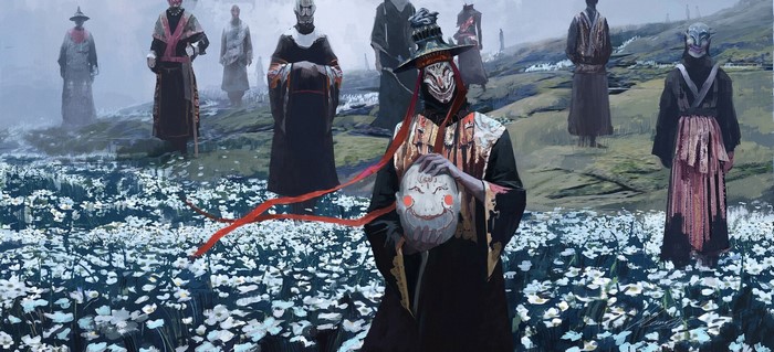 Figures in masks and robes in a field of flowers