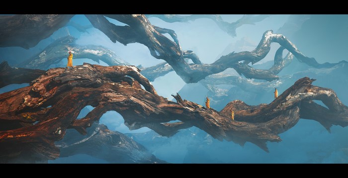 Fantasy art of figures on large branches