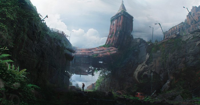 Post-apocalyptic city with overgrown buildings and a lone figure