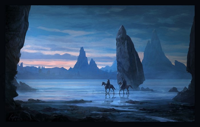 Two riders on horses in a fantasy landscape with mountains