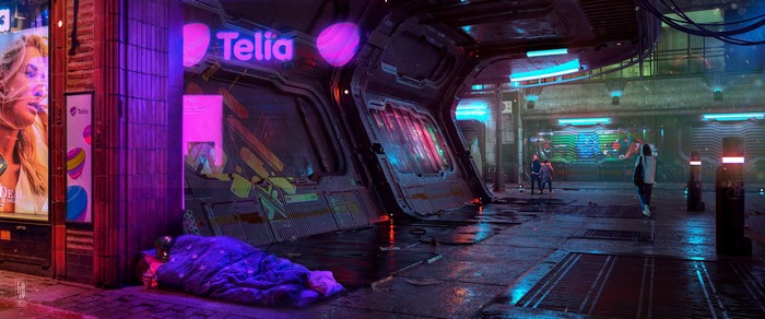 Cyberpunk city street with a person sleeping and Telia advertisement