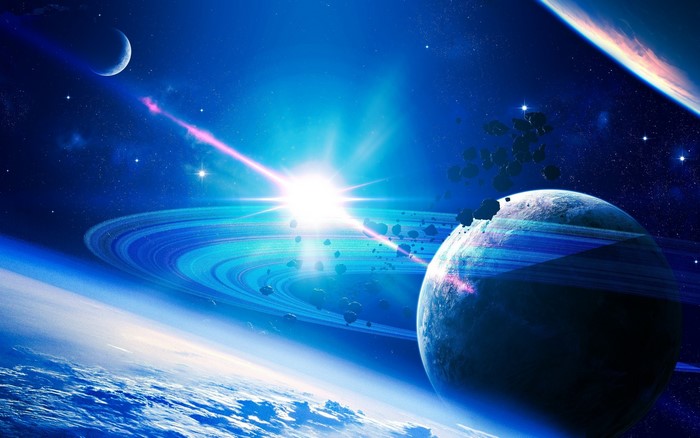 Space scene with planets, rings, and asteroids