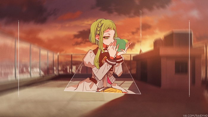 4K anime girl with green hair holding an apple
