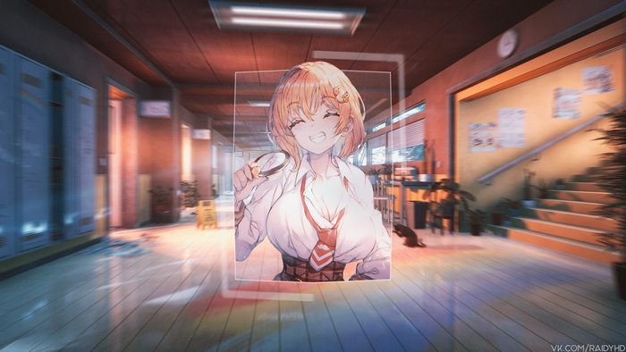 Anime girl with magnifying glass in school hallway
