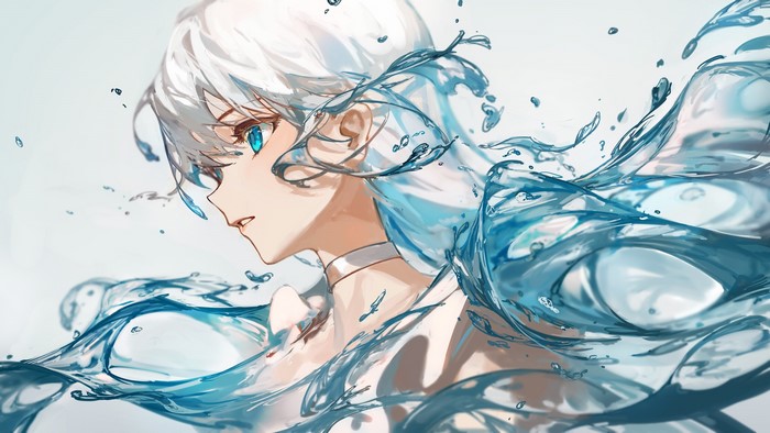 Anime girl with white hair and blue eyes surrounded by water