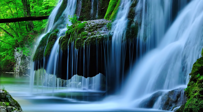 Long exposure waterfall in a green forest