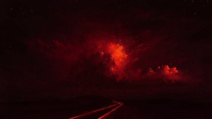 Digital painting of a fiery red sky over a dark landscape