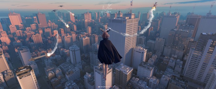 Anime girl in cape overlooking a city under attack