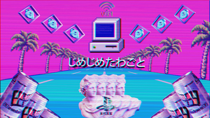 Vaporwave aesthetic with computer, palm trees, and cans