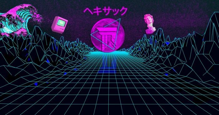 Retro Wave Digital Art with Japanese Wave and Bust