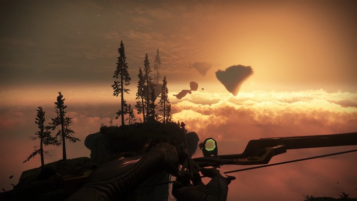 Player aiming bow in Destiny 2 during sunset