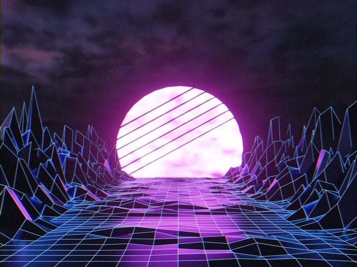 Retrowave landscape with neon mountains and sun