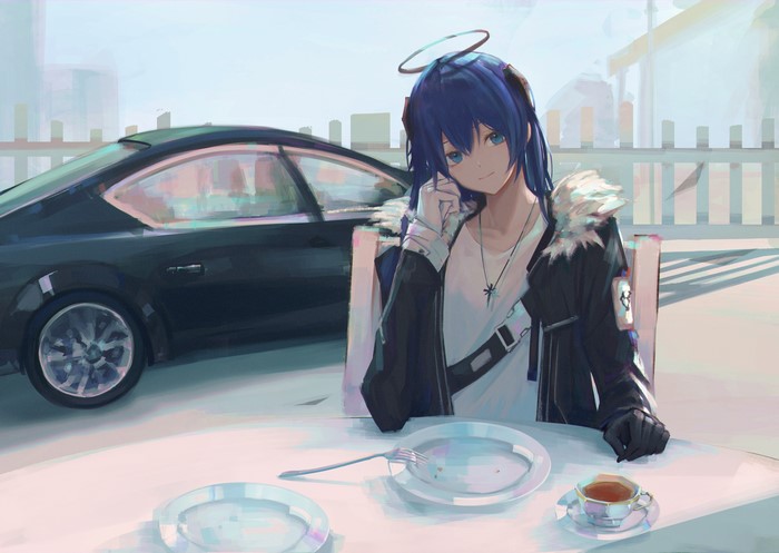 Mostima from Arknights sitting at a table with a car