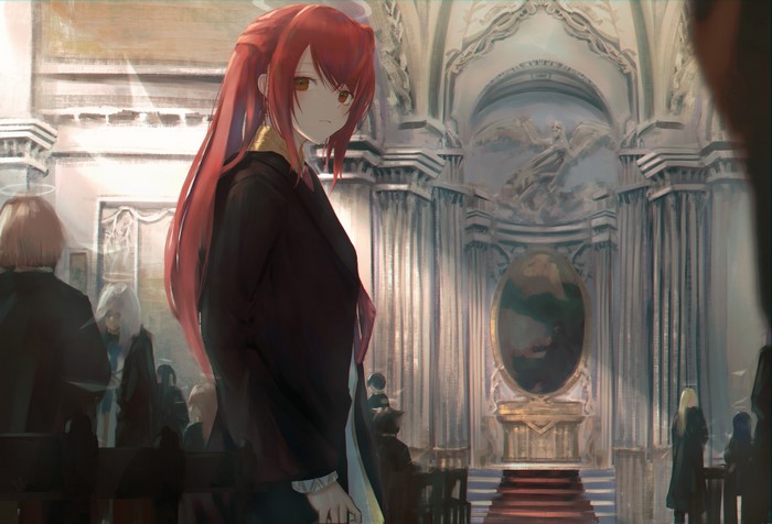 Redhead girl from Arknights in a church