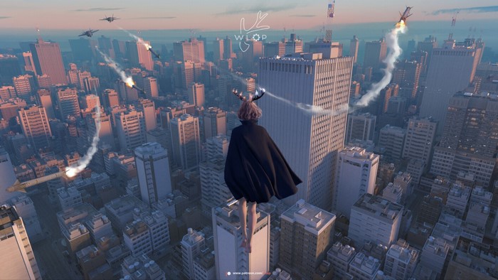 Girl with cape overlooking a futuristic cityscape with jets