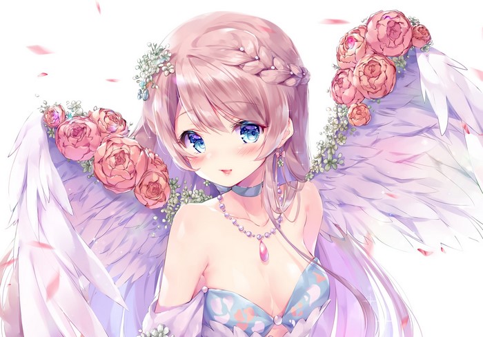 Anime angel girl with pink hair and blue eyes