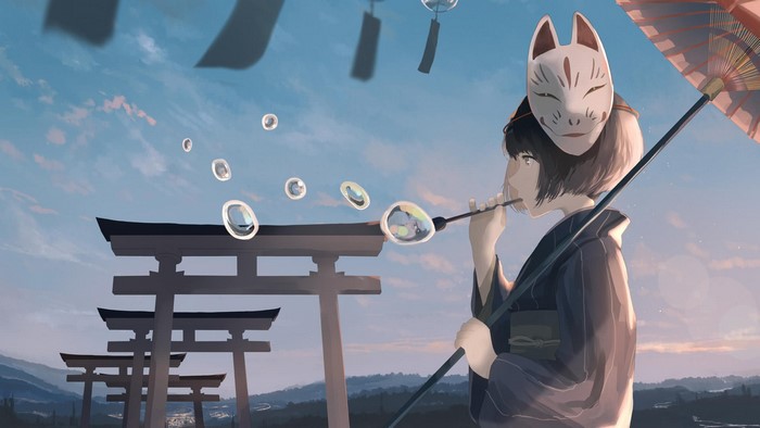 Girl in Kimono with Fox Mask Blowing Bubbles near Torii Gates