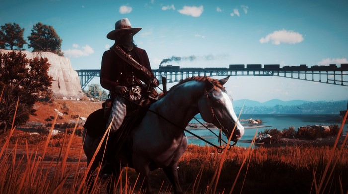 John Marston on horseback with a train crossing a bridge