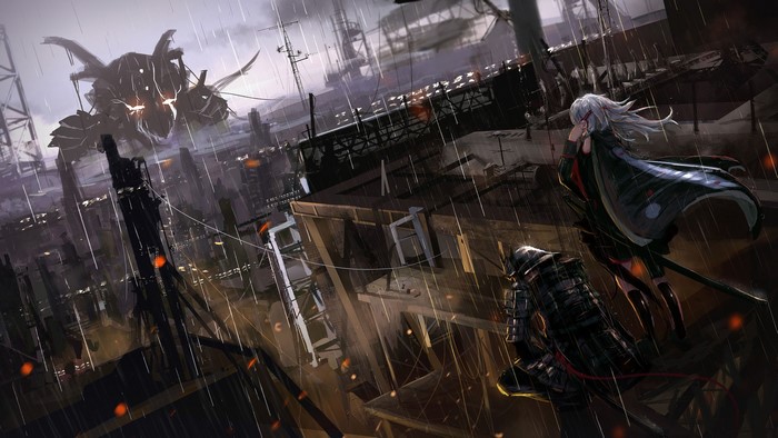 Anime girl and samurai in a rainy fantasy city with a demon