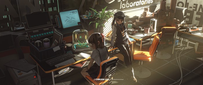 Anime girls in a futuristic laboratory