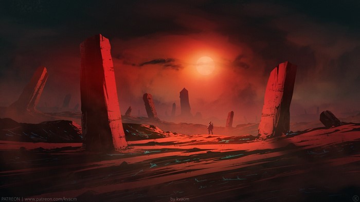 Digital artwork by Kvacm featuring a desolate alien landscape