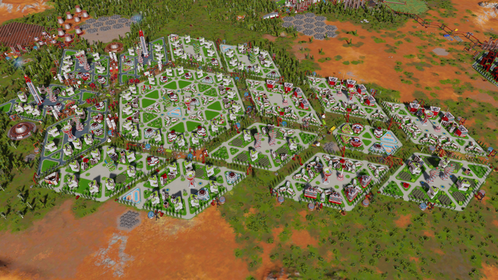 Surviving Mars city with futuristic buildings and green spaces