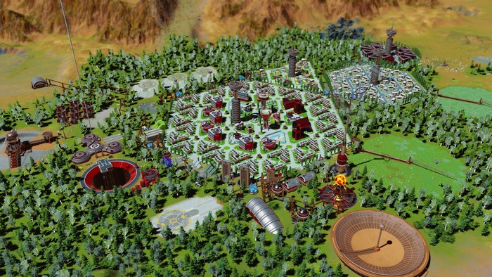 Surviving Mars colony with futuristic buildings and trees