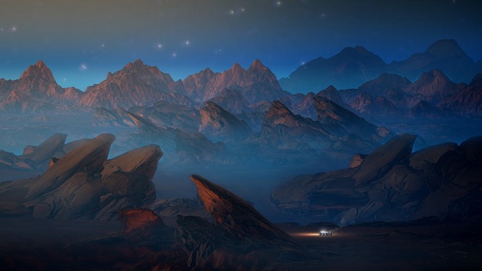 Alien landscape with mountains and a rover