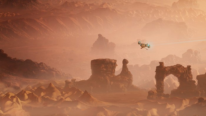 Drone exploring a rocky, dusty Martian landscape