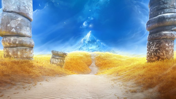 Fantasy landscape with stone pillars and mountains