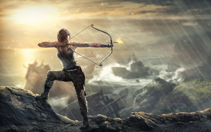 Lara Croft from Tomb Raider aiming a bow in a stormy landscape