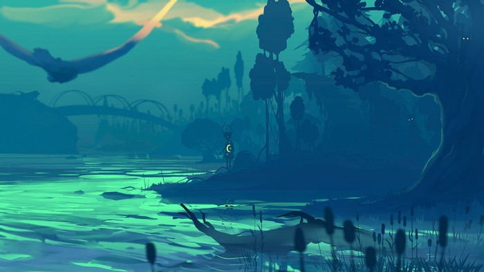 Fantasy swamp with a creature and flying bird