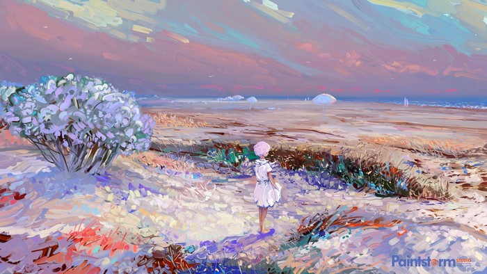 4K digital painting of a girl on a beach