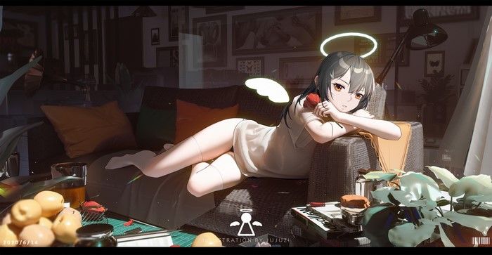 Anime angel girl with halo and wings on a couch