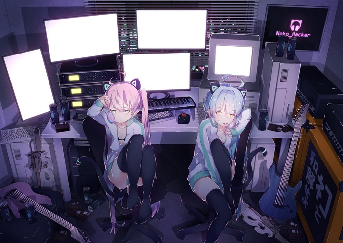 Two cat girls in a hacker's room with multiple monitors