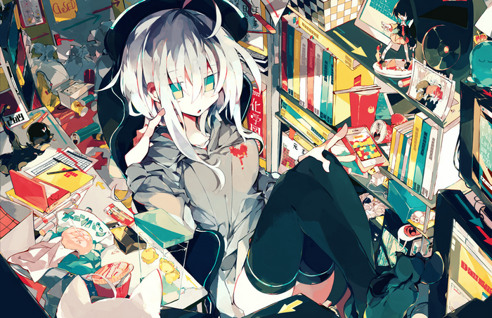 Anime girl with silver hair and aqua eyes in a messy room