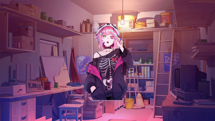 Anime girl in skeleton costume in a storage room