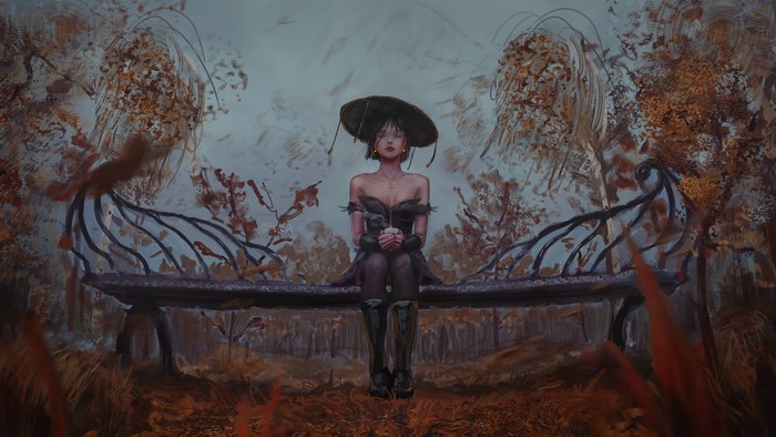Anime girl with hat sitting on a bench in fall