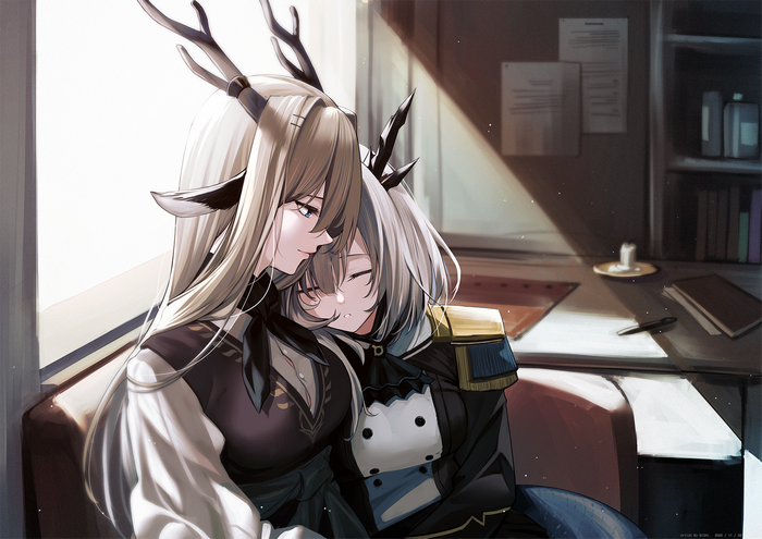 Two anime girls with horns hugging