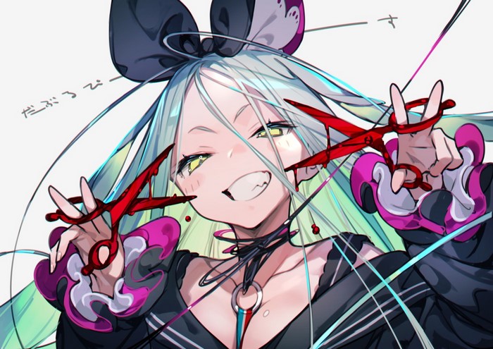 Anime girl with multi-colored hair holding bloody scissors