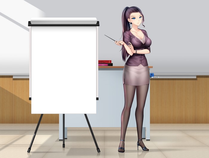 Anime teacher with pointer and whiteboard