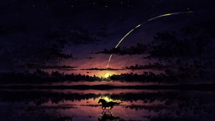 Horse running in front of sunset and shooting star