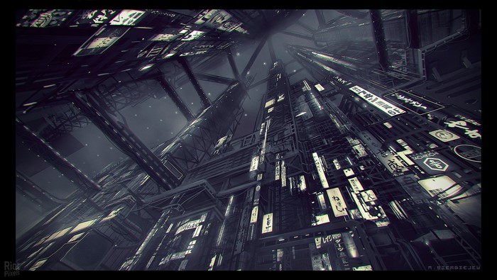 Cyberpunk city concept art with Japanese signs