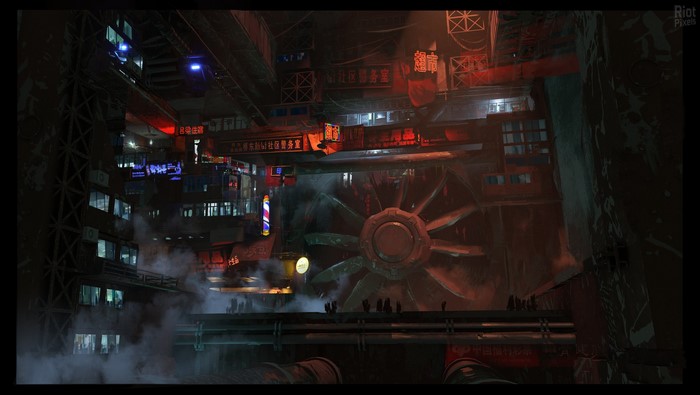 Cyberpunk Cityscape with Giant Fan and Neon Signs