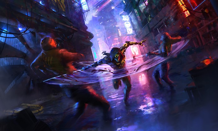 Ghostrunner in a cyberpunk city battle
