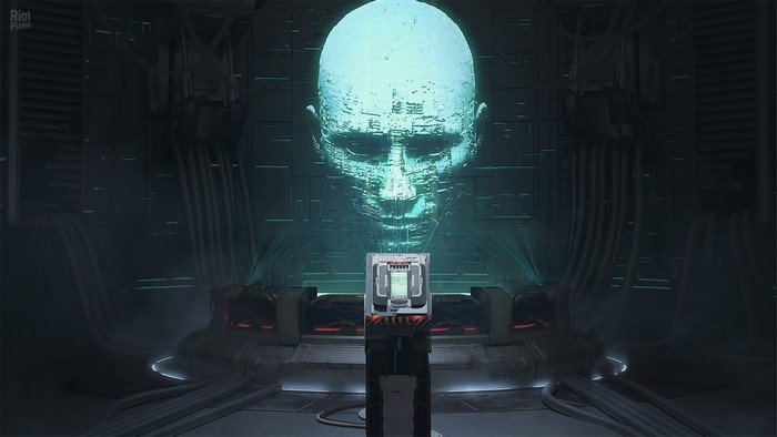 Holographic AI face from Ghostrunner