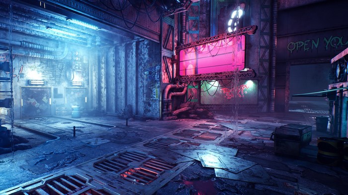 Cyberpunk alley with neon signs and graffiti