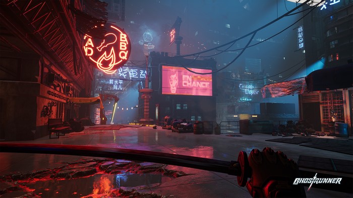Ghostrunner 4K screenshot of a cyberpunk city street
