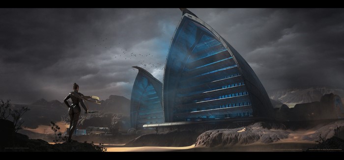 Woman in desert near futuristic buildings